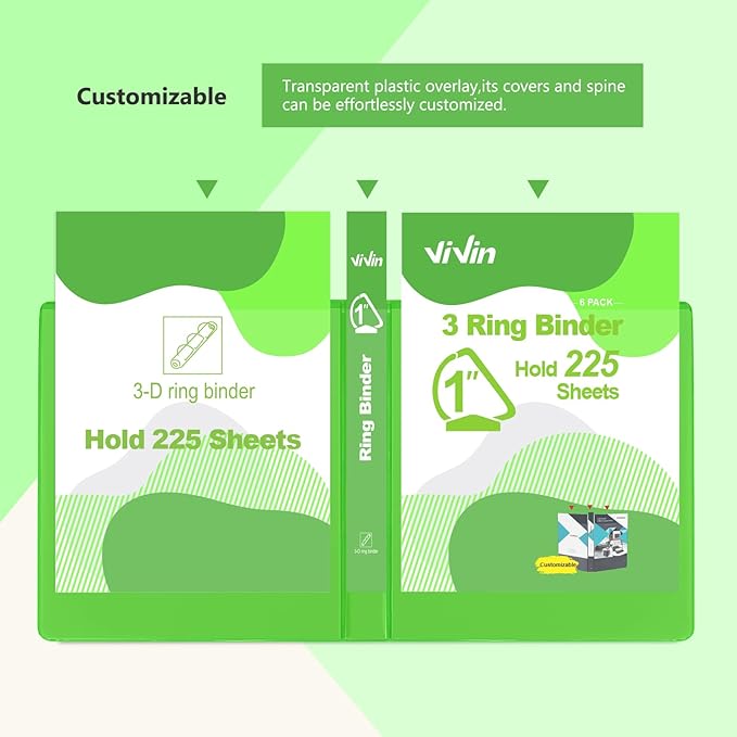 ViVin Sturdy 1 Inch D Ring Binders, 3 Ring Binders with 2 Pockets, Hold 225 Sheets of US Letter Size Paper for Office,Home,School, 12 Pack (Assorted)