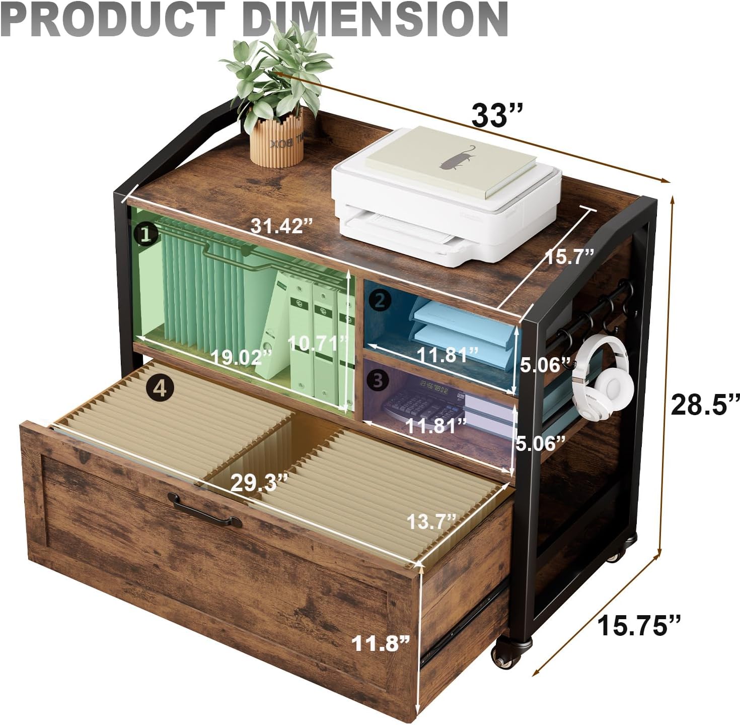 HSH Mobile Lateral File Cabinet with Drawer, Rolling Filing Cabinet with Storage Shelves & Hanging File Folders, Wooden Metal Printer Stand Fits A4 Letter Legal Size for Home Office, Rustic Brown,33In