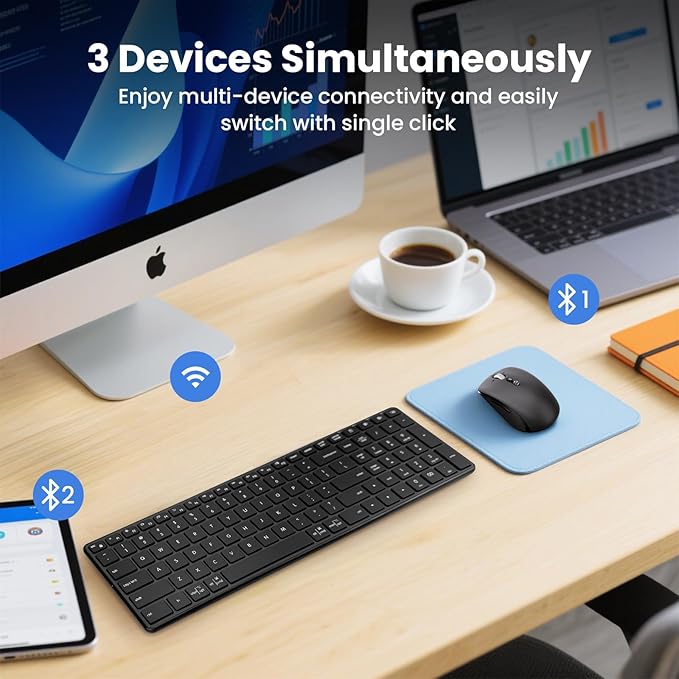 Wireless Bluetooth Keyboard and Mouse Combo (USB + Dual BT), Multi-Device Slim Keyboard and Mouse Set Compatible for Windows, Mac,PC Laptop iPad Tablet - QWERTY