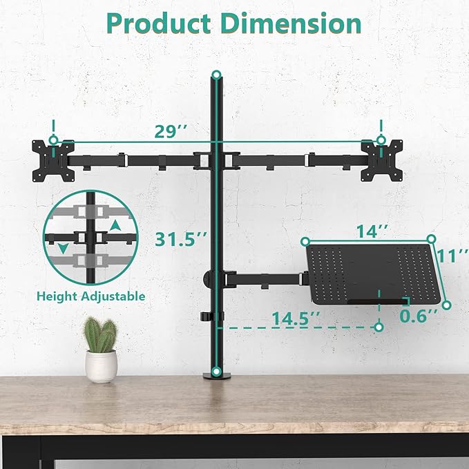 WALI Dual Monitor Stand, Laptop and Monitor Stand for 2 Screen 1 Laptop Notebook, Extra Tall Desk Mount for Monitor up to 27 inch, Notebook up to 17 inch (M002XLLP), Black