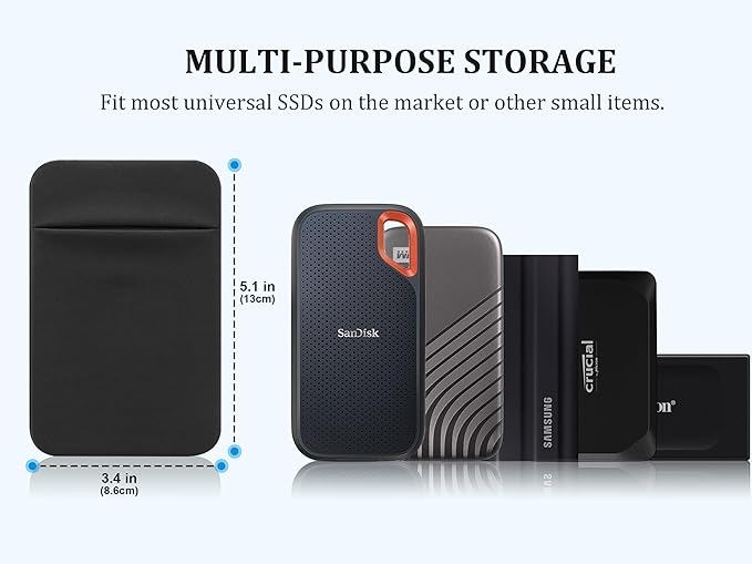 Lacdo Portable Hard Drive Sleeve for Laptop, Stick on Pouch with Reusable Adhesive, for SanDisk, Samsung, Crucial, Portable External Solid State Drive SSD Hard Drive Carrying Case Closed Pocket, Black