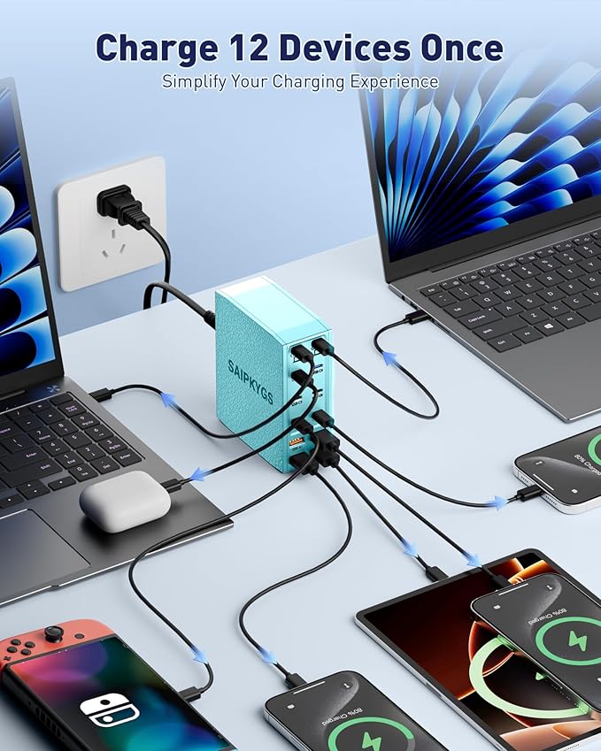 Charging Station (600W),12-Port USB C Charger Block with Dual 100W PD USB-C Fast Charging Station Hub for MacBook Pro/Air/All iPad iPhone 17/16 15/14/13/Pro Max/Samsung Galaxy Note(Green)