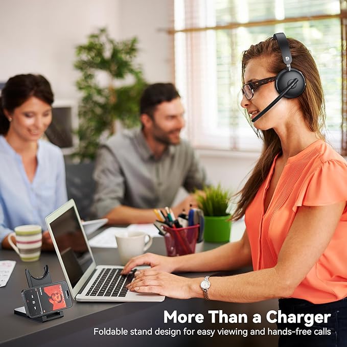 Wireless Headset with Mic for Work-Bluetooth 5.3 Headset with Noise Cancelling, Wireless Headsets with 65Hrs Battery & 10Min Fast Charge, Smart Dock with Digital Display for PC/Computer/Teams