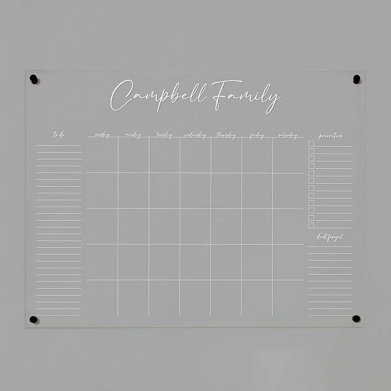 Personalized Clear Acrylic Calendar for Wall, Calendar Whiteboard for Wall, Dry Erase Wall Calendar, Wall Calendar Organizer System for Home (Cursive, White, 47.5"W x 36"H)