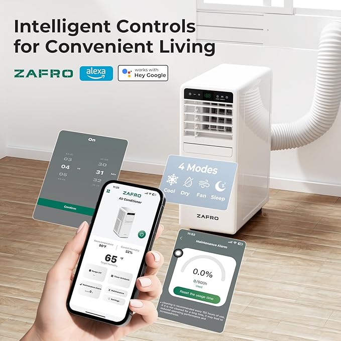 12,000 BTU Portable Air Conditioner, 3-IN-1 Smart AC Unit with Fan/Dehumidifier/Drainage-free Cooling, APP/Voice/Remote/Touch, 47 dB, Sleep Mode, Window Installation Kit, 24H Timer for Home/Office