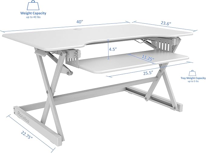 Rocelco 40" Large Height Adjustable Standing Desk Converter with Dual Monitor Stand BUNDLE - Quick Sit Stand Up Computer Workstation Riser - Retractable Keyboard Tray - White (R DADRW-40-DMS)