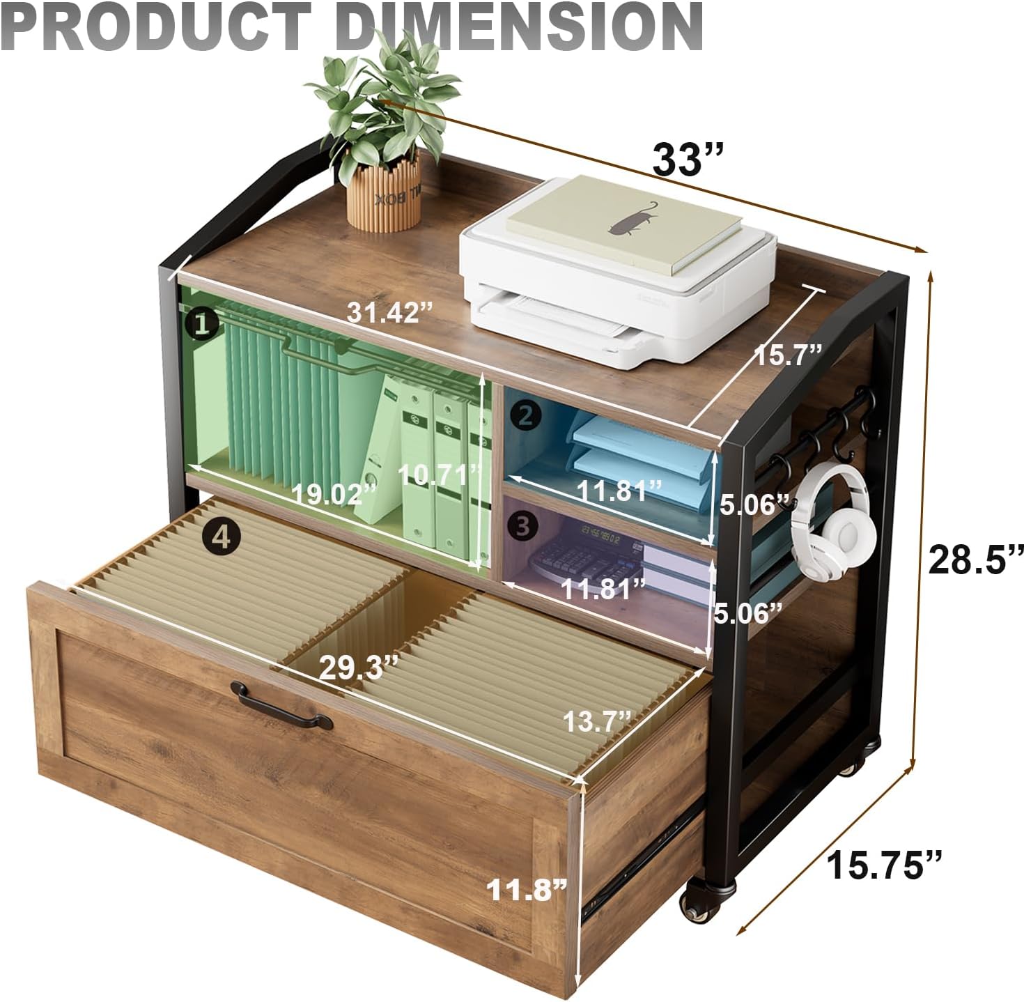 HSH Mobile Lateral File Cabinet with Drawer, Rolling Filing Cabinet for LegalLetter Size, Printer Stand with Storage Shelf, Lockable Wheels, Hanging File Organizer for Home Office, Rustic Oak, 33Inch