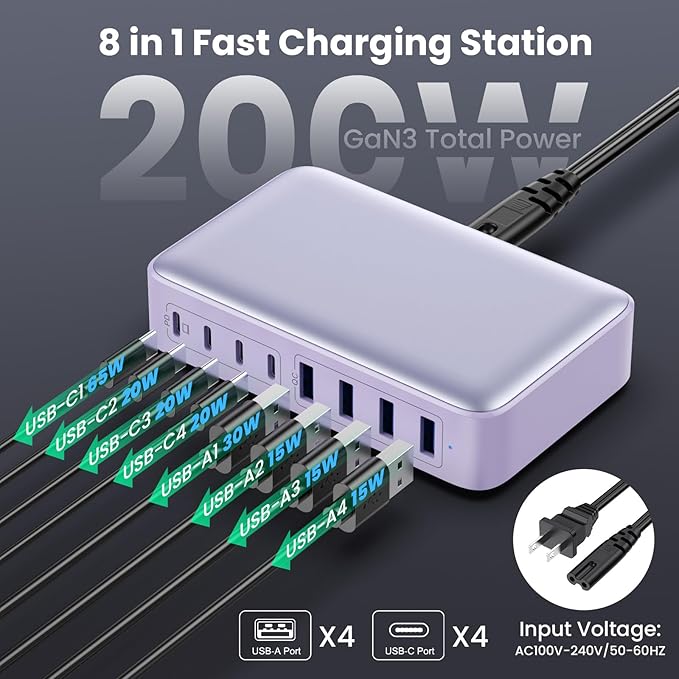 USB C Charger 200W USB C Charger Block GaN III 8-Port Fast Charging Station PD 65W Laptop Charger Adapter Compatible with MacBook Pro/Air,DELL,HP Surface,iPhone 15/14/13,Galaxy S23/22 (Purple)