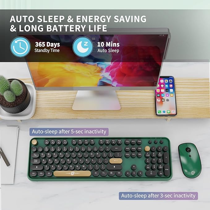 Wireless Keyboard and Mouse Combo, 104 Round Keys Cute Colorful Keyboard and Mouse with Retro Typewriter for PC/Mac/Laptop/Tablet/Computer/Windows Green