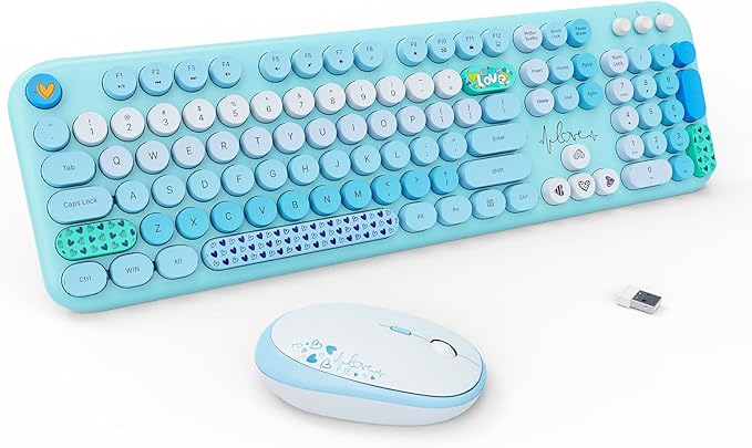 Wireless Keyboard and Mouse Set, 104 Round Keys Full-Size Cute Colorful Keyboard and Mouse with Retro Typewriter for PC/Mac/Laptop/Tablet/Computer/Windows Blue