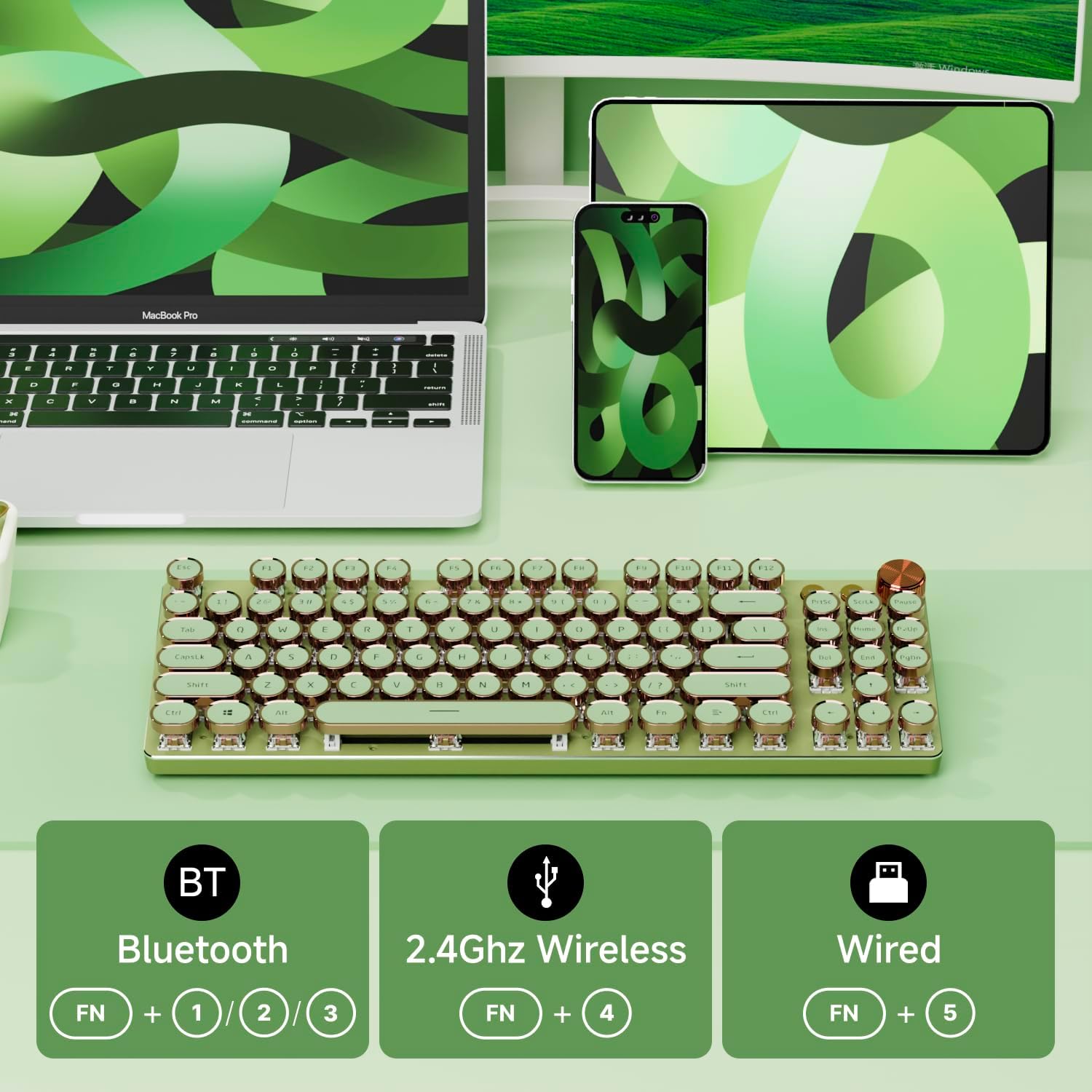 EWEADN V20 Green Typewriter Keyboard,87 Keys Backlit Typewriter Style Mechanical Keyboards, Media Control Knob, Wired/BT5.0/2.4G Typewriter Style Computer Keyboards Pink Switch for Windows/Mac/PC