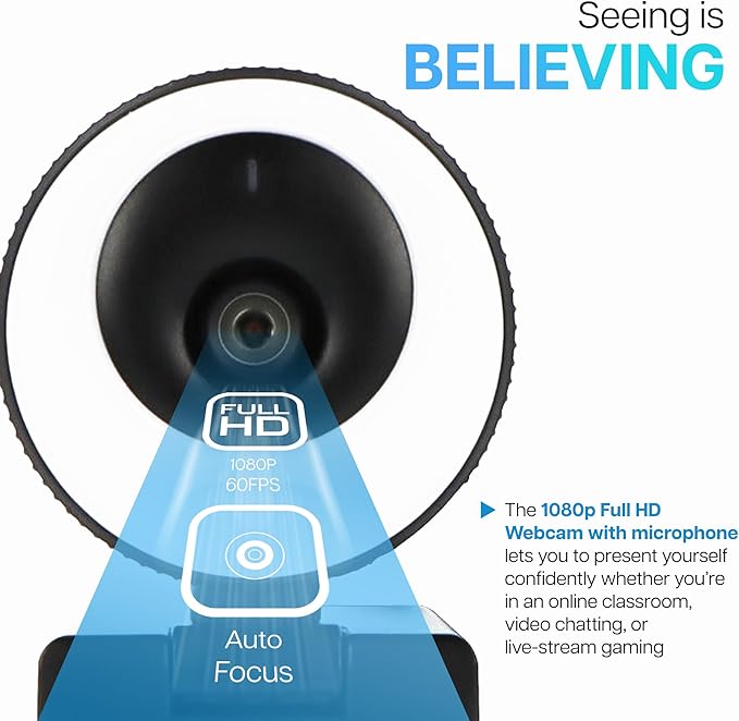 VisionTek VTWC40 Premium Autofocus Full HD 1080P 60FPS Webcam, Chromebook, Computer Video Camera, Digital Dual Microphones, Privacy Cover, 96-Degree Viewing Angle, Work, Study, & Stream (901442)