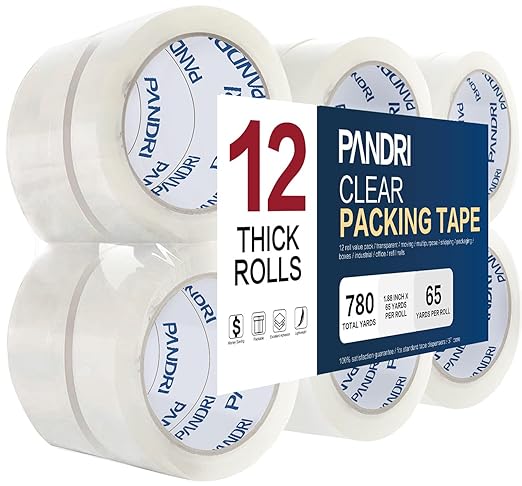 PANDRI Packing Tape, 12 Rolls Heavy Duty Clear Packaging Tape for Shipping Packaging Moving Sealing, 1.88 inches Wide, 65 Yards Per Roll, Total 780 Yards