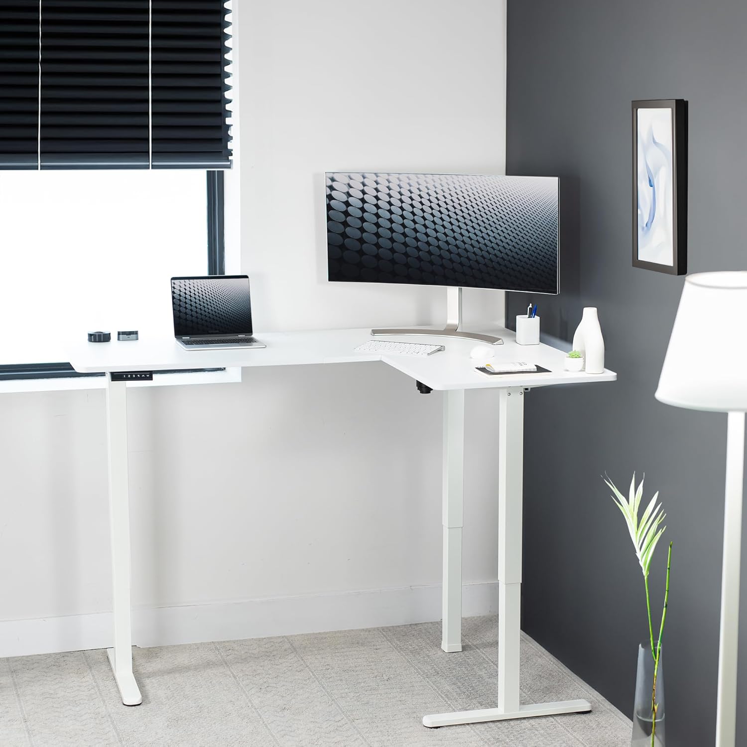 VIVO Electric Corner L-Shaped 63 x 47 in Standing Desk, Memory Height Adjustment, White Top White Frame, DESK-E3CTW-47