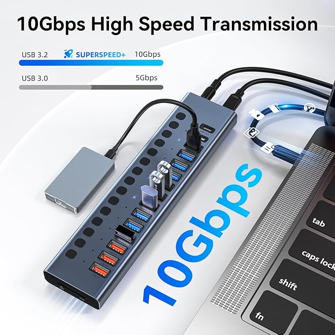 Powered USB Hub 10Gbps, 17 Ports 96W USB 3.2 Hub(10 USB-A 3.2 Ports+3 QC 24W Fast Charging Ports+2 USB-C 3.2 Ports+SD/TF Card Reader), 12V/8A Power Adapter for Laptop, PC, Computer, HDD,Flash Drive