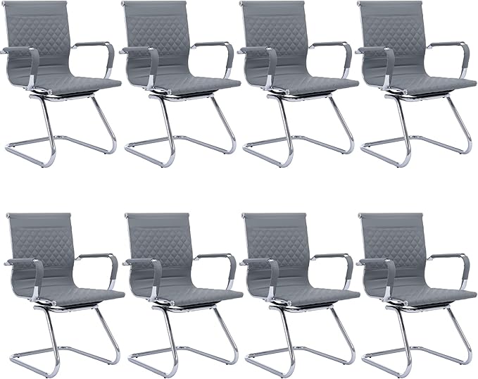 Office Guest Chairs - Set of 8 Mid Back, Modern PU Leather Desk Chairs for Reception & Conference Rooms, Grey