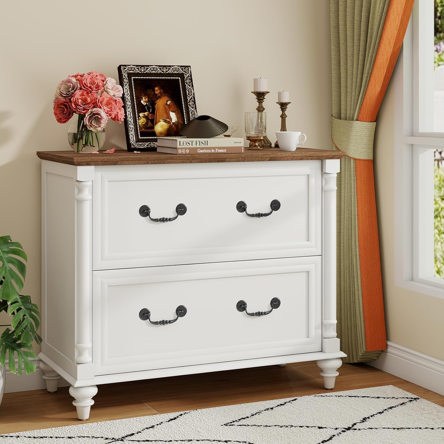 Lateral File Cabinet 2 Drawers Farmhouse File Cabinet Set of 2 for Letter/A4/Legal Size Hanging Files, Large Rustic White Storage Cabinets Printer Stand with 4 Solid Wood Feet &Column Decor for Office
