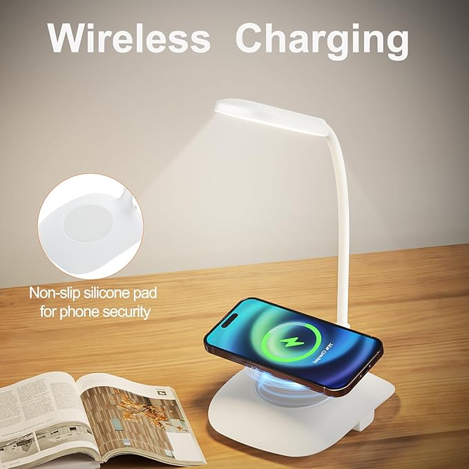 LED Desk Lamp Wireless Charging Desk Lamp with Touch Control Dimmable Office Desk Light Eye-Caring Office Lamp with Adjustable Gooseneck Table Lamp, Reading Lamp Table Lamp for Bedroom Bedside Study