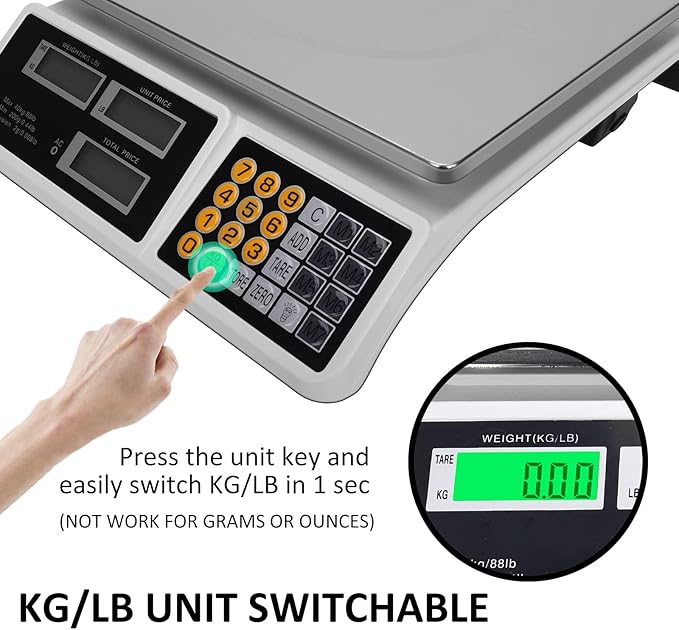 Price Computing Scale 88lb/40kg LCD Digital Commercial Price Scale with Stainless Steel Platform,Produce Scale & Food Scale for Farmers Market, Retail Outlets, Meat Shop (Flat Plate)