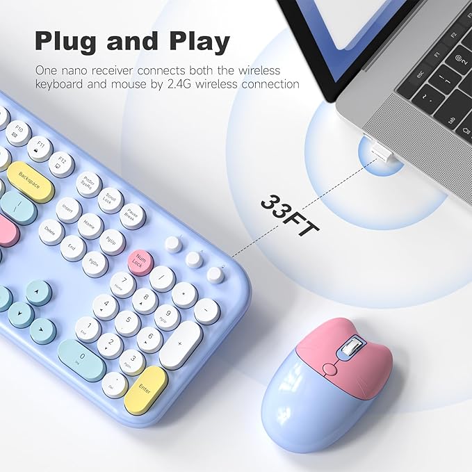 Wireless Keyboard and Mouse Combo, Full-Sized Typewriter Keyboards, Cute Cat Shaped Wireless Mouse, USB Plug and Play for Windows, Computer, PC, Laptop, Desktop (Blue Colorful)