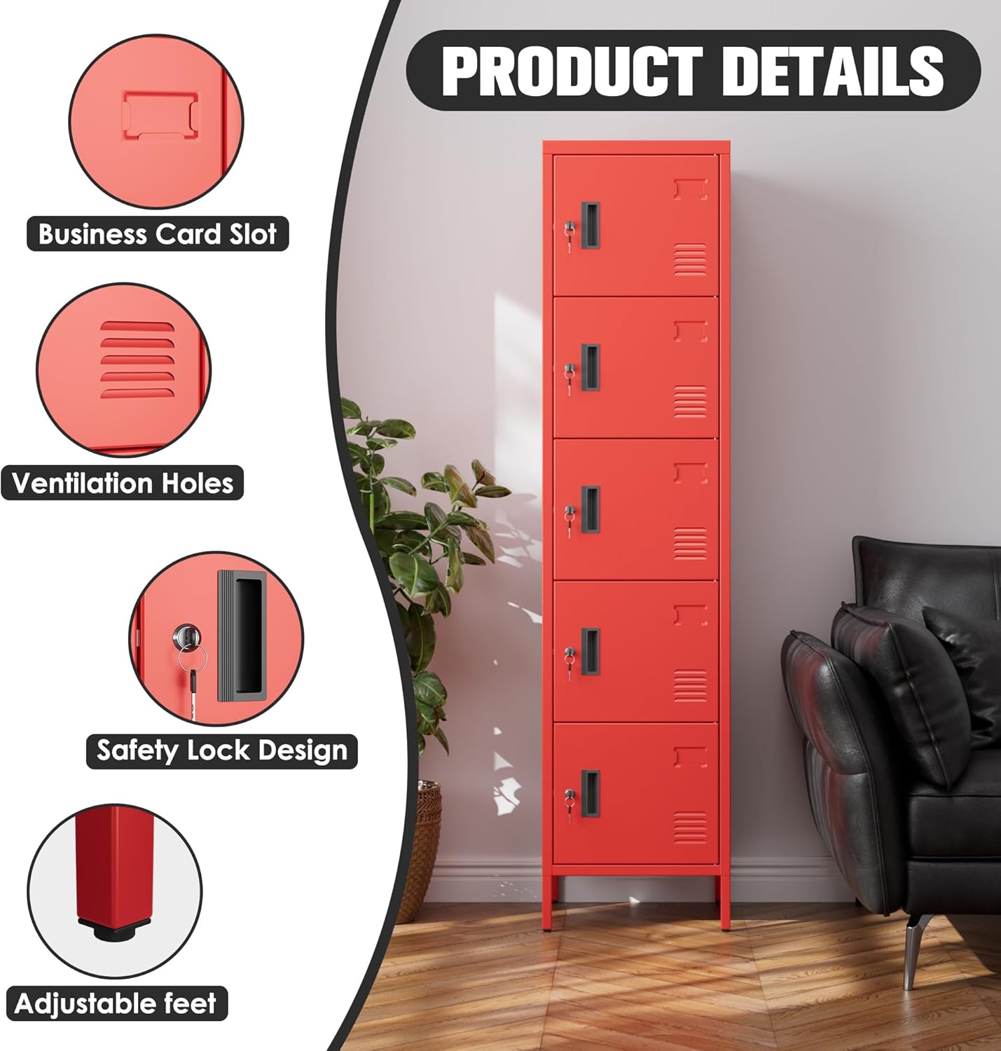 Metal Locker with Lock and Ventilation Holes,Metal Storage Locker with Business Card Slof for Home,Gym,Garage,School,Office,15.8" D x 15.8" W x 66" H Assembly Required,Red