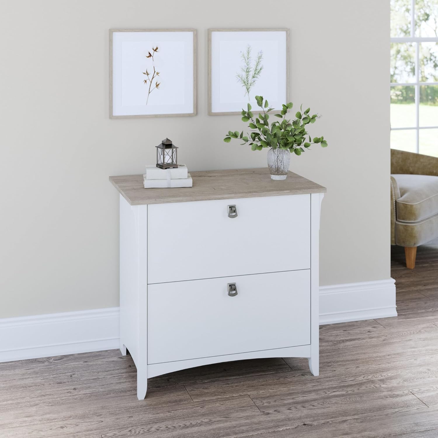 Bush Furniture Salinas 2 Drawer Lateral File Cabinet in Pure White and Shiplap Gray
