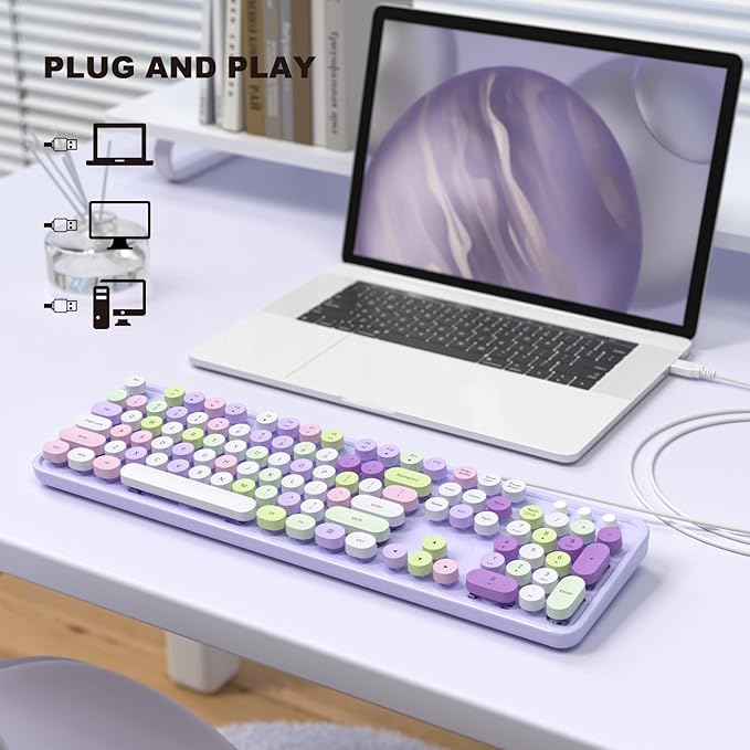 MOFII Colorful Computer Keyboard Wired, Cute Full Size Keyboard Typewriter Style, USB Keyboard with Foldable Stands for Windows, Laptop, Desktop, PC (Purple Colorful)
