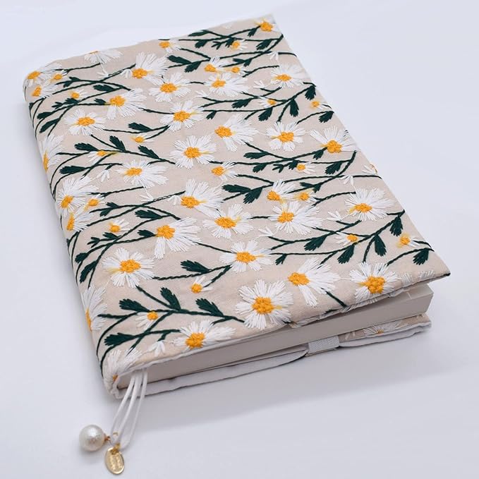 BLBMH Embroidery Book Covers for Paperbacks Fit for 5.5x8.5 inch Adjustable Book Sleeve Cover for Women Over 15 Soft Cloth Protector for Privacy Notebook Novels - Daisy 3
