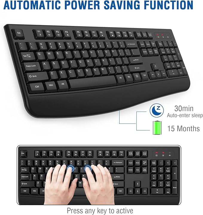 EDJO Wireless Keyboard, 2.4G Ergonomic Full Size Wireless Computer Keyboard with Wrist Rest for Windows, Mac OS Desktop/Laptop/PC(Black)