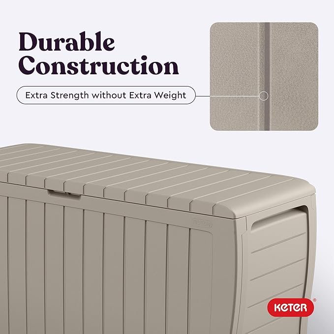 Keter Marvel Plus 71 Gallon Resin Deck Box-Organization and Storage for Patio Furniture Outdoor Cushions, Throw Pillows, Garden Tools and Pool Floats, Beige