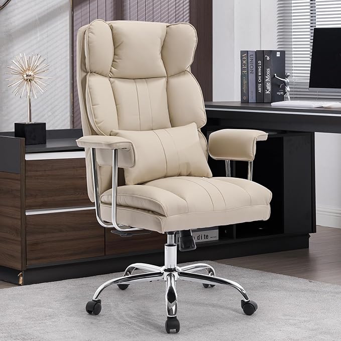 Big and Tall Office Chair 500lbs Wide Seat Executive Office Desk Chair High-Back Office Task Chair, Ergonomic Lumbar Support Computer Office Chairs for Heavy People(Beige)