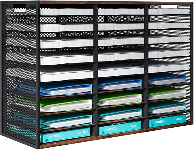 PAG Mass Mail Sorter - Adjustable Mail Holder, Countertop Literature Organizer, Student Mailbox for Classroom, Desktop Bill Paper Organizer for Office & Home, 27 Compartments, Brown