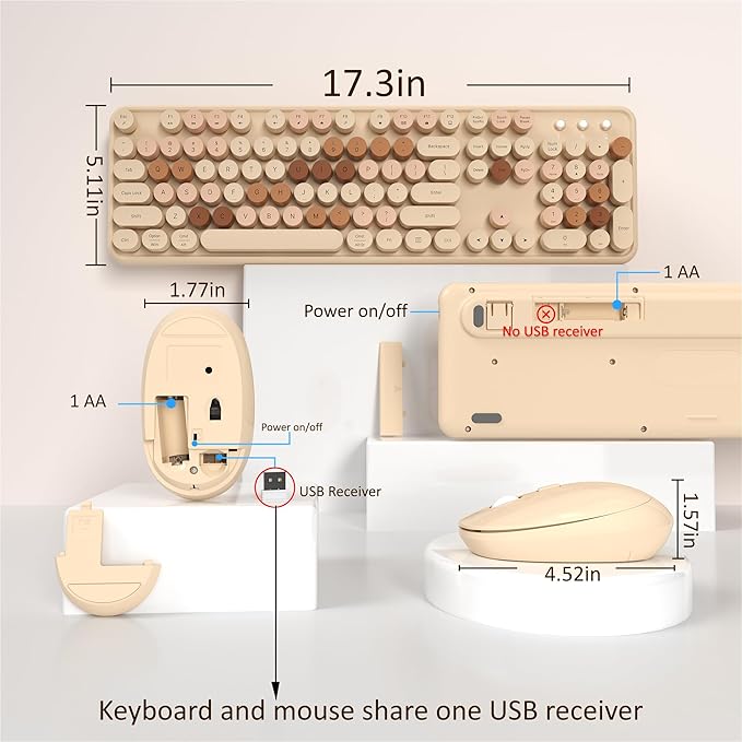 Wireless Keyboard and Mouse, Full-Size Retro Typewriter Keyboard with Round Keycaps, 2.4GHz for Windows, Mac, Laptop, PC, Desktop (Milky Tea Colorful)