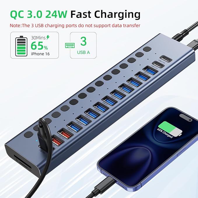 Powered USB Hub 10Gbps, 17 Ports 96W USB 3.2 Hub(10 USB-A 3.2 Ports+3 QC 24W Fast Charging Ports+2 USB-C 3.2 Ports+SD/TF Card Reader), 12V/8A Power Adapter for Laptop, PC, Computer, HDD,Flash Drive