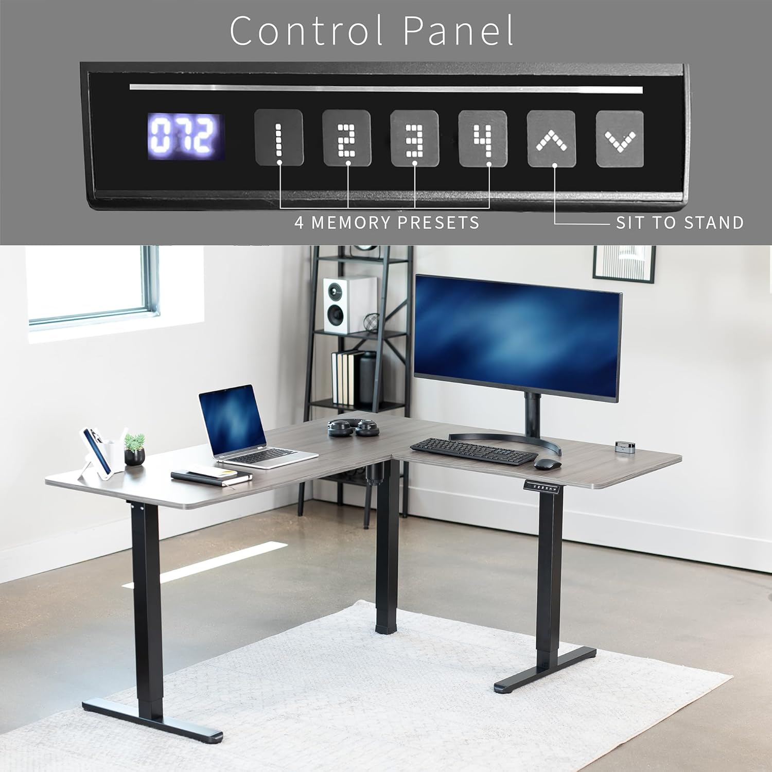 VIVO Electric Corner L-Shaped 63 x 55 in Standing Desk, Memory Height Adjustment, Dark Gray Top Black Frame, DESK-E3CTG