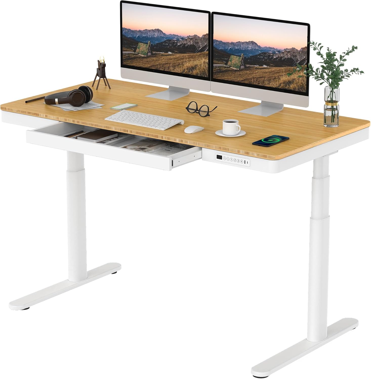 SANODESK Standing Desk with Drawer,Dual Motor 3 Stage Electric Height Adjustable Home Office Desk with Storage & Wireless Charging, 55 inch Bamboo Tabletop/White Frame