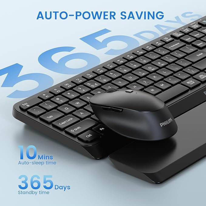 PHILIPS Bluetooth Keyboard and Mouse Combo - Bluetooth 2.4Ghz Wireless Keyboard and Mouse,Ergonomic Design with Palm Rest,3-Device Connectivity, 5 DPI Mouse, Long Battery for Office & Home -Black