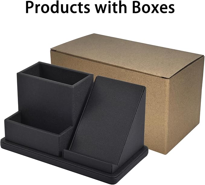 Pu Leather Desk Pen/Pencil Organizer Multi-Function Cell Phone/Remote Control Storage Box with 3 Compartments Office Supplies Sticky Note Tray Business Cards Holder,Black