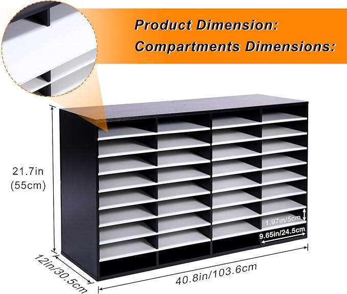 EasyPAG Mail Organizer Countertop, Wood Literature Organizer with Adjustable Shelves, Student Classroom Mailbox for School, Desktop Paper Sorter for Office Home, 36 Compartments, Black/White