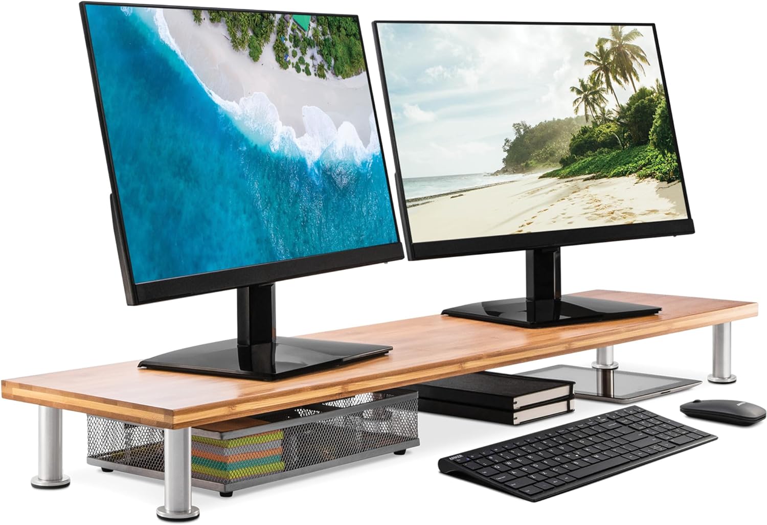 The Original Bamboo Dual Monitor Stand (As Seen On PBS) - 42 Inch Large Monitor Riser for Computer Screens, Laptop or TV - Desk Shelf Adds Storage Space and Improves Ergonomics - Natural