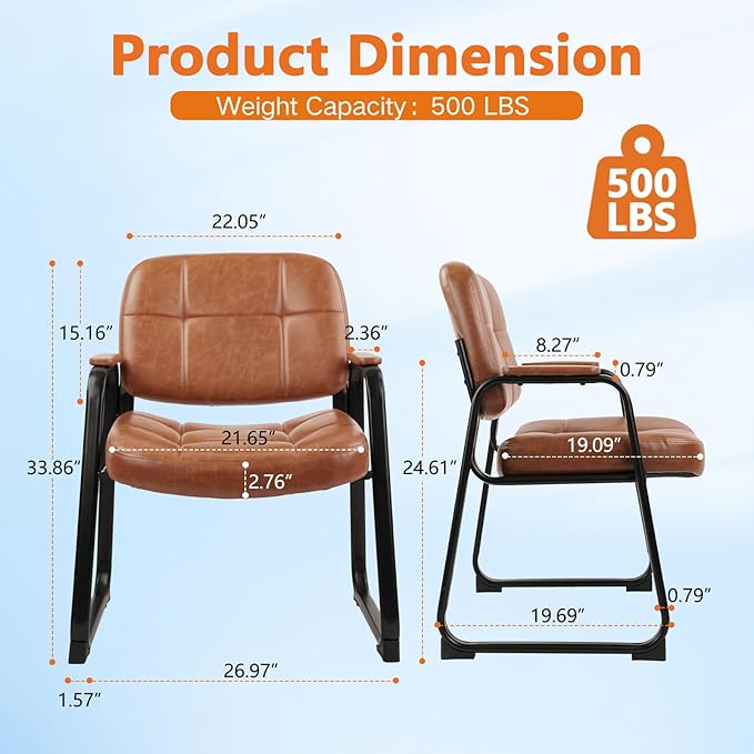 CLATINA Big & Tall 500 lbs Waiting Room Chairs with Padded Armrests and Sled Base, Leather Stationary No Wheels Office Guest Chair for Reception Lobby Home and Meeting Conference, Brown (2 Pack)