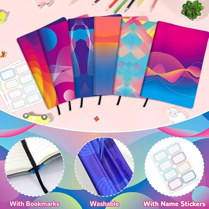 Jumbo Book Covers 8 Pack Reusable Fabric Book Cover Protective Books Covers 9 x 11 Inch Neon Stretchable Books Sleeve Cover with Label Sticker for Most Hardcover Textbooks Up to 10 x 12.5 Inch