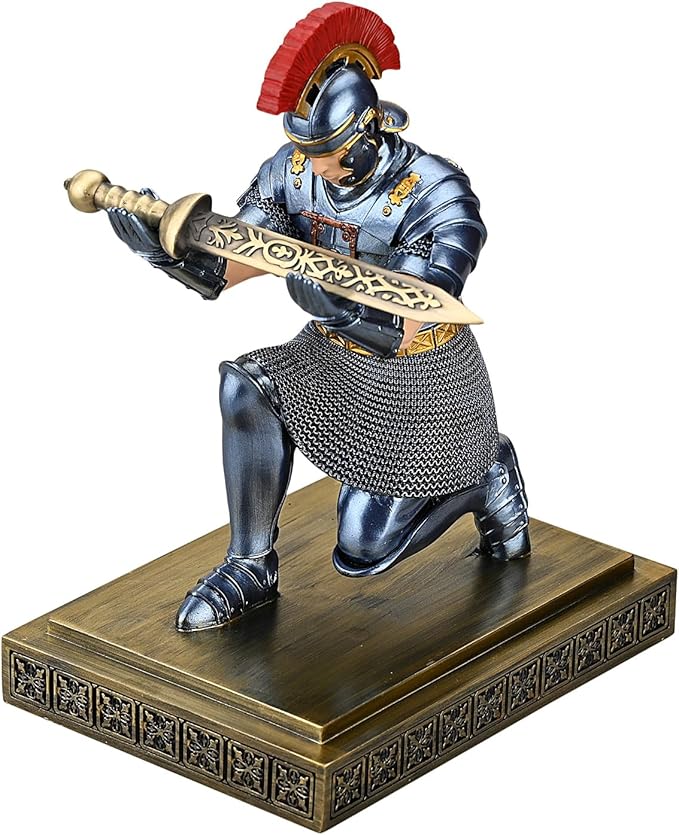 Roman Praetorian Warrior Knight Pen Holder Desk Ornament Resin Pencil Holder Desk Accessories and Organizer for Office with a Letter Opener (Blue)