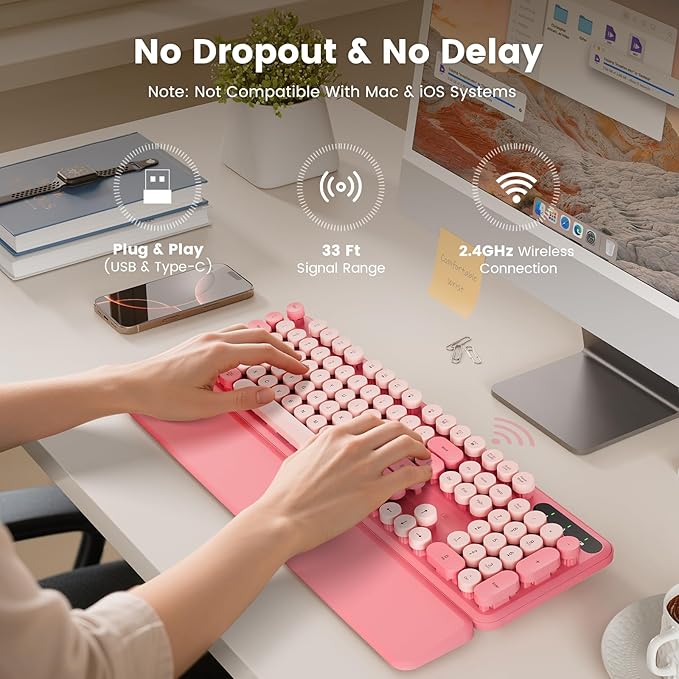 Wireless Keyboard, Round Keycaps, Retro Typewriter Keyboard with Detachable Wrist Rest, Sleep Mode, Foldable Legs, 2.4GHz Full-size Cordless Computer Keyboard for Windows/PC/Laptop (Baby Pink)