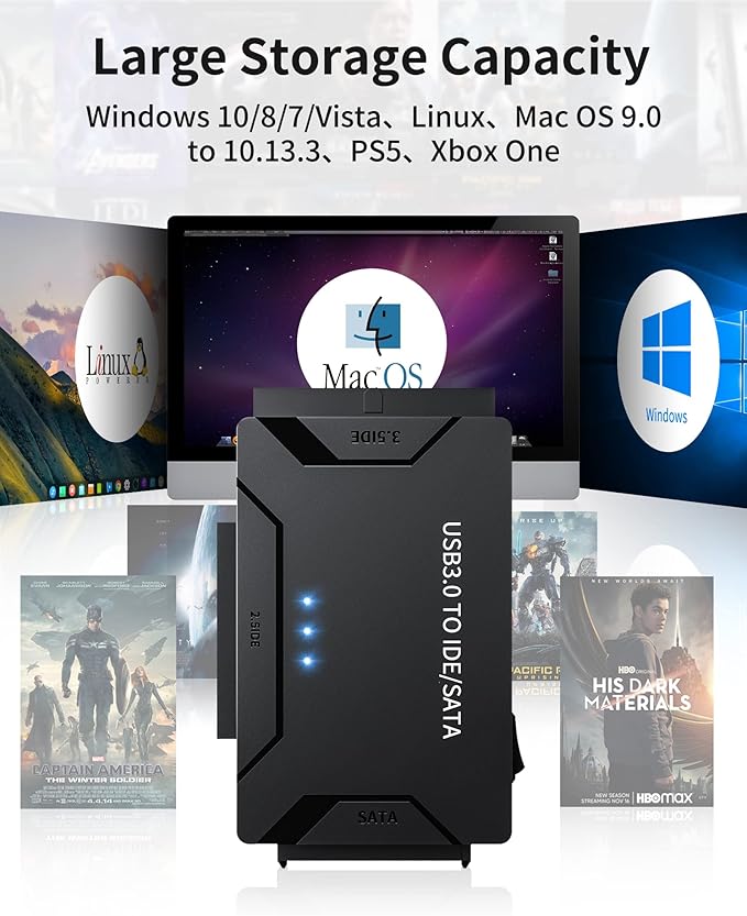 POSUGEAR USB 3.0 to IDE/SATA Adapter, External Hard Drive Reader, Universal 2.5"/3.5" HDD/SSD Converter, 12V/2A Power Adapter