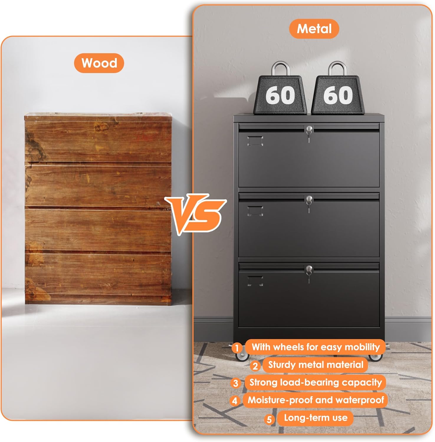 METAN Upgrade 3 Drawers Lateral File Cabinet on Wheels,Steel Office Filing Storage Cabinet with 3 Locks,Assembly Required,Black