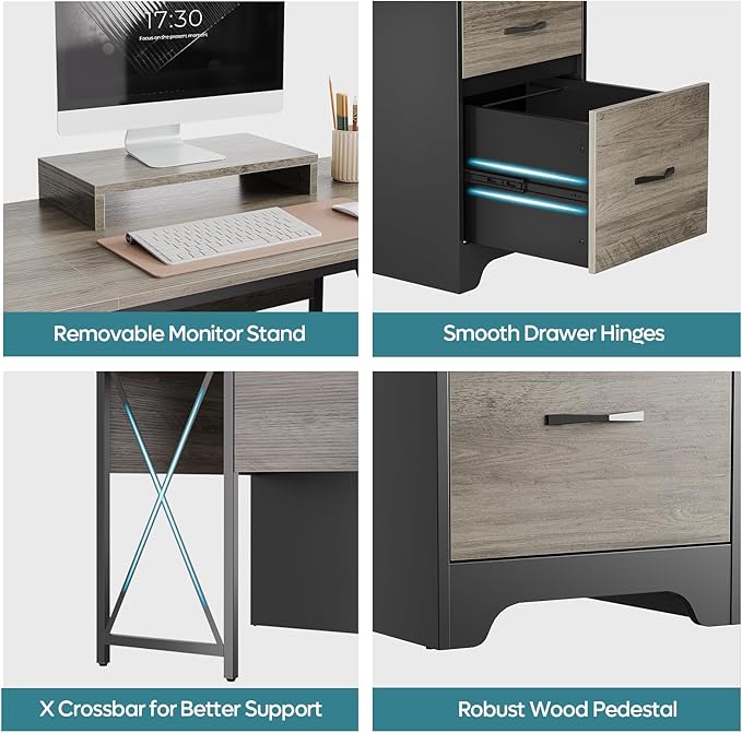 Bestier L Shaped Desk with 4 Drawers, 63" x 47" Executive Desk with Open Storage & Monitor Stand, Corner Desk with 2 File Drawers & Modesty Panel for Home Office, Gray