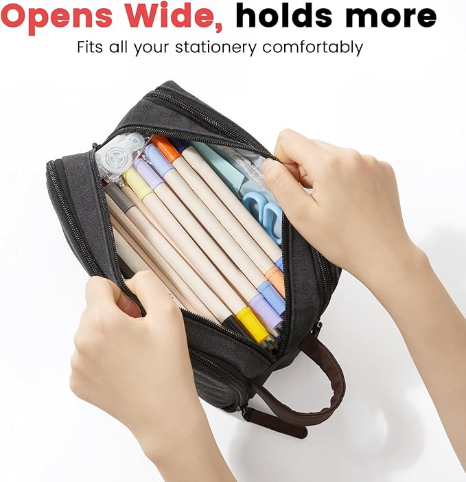 Sooez Large Pencil Case Pouch, Extra Big Pencil Pouch Pencil Bag with PU Handle & Zipper, Sturdy Pen Case with 3 Compartments, Aesthetic School College Supplies Organizer for Men Women Boys, Blue