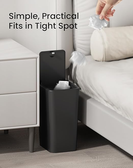 Cesun Bathroom Trash Can with Lid, 2.6 Gallon Small Black Garbage Can, Press Top Lid Trash Bin, Dog Proof Trash Cans Plastic Waste Basket for Bedroom Toilet Office