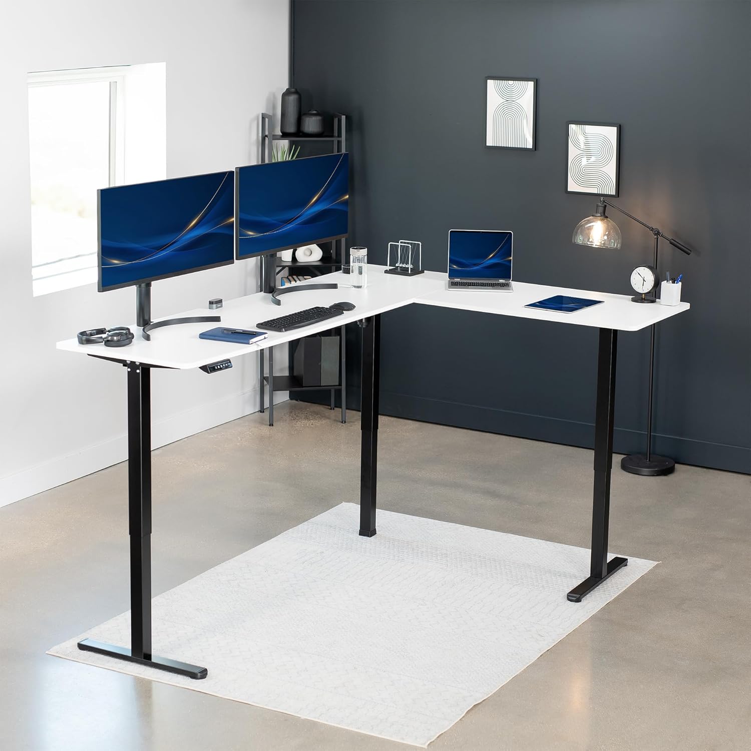 VIVO Electric Corner L-Shaped 84 x 63 in Standing Desk, Memory Height Adjustment, White Top Black Frame, DESK-E3CTBW-84